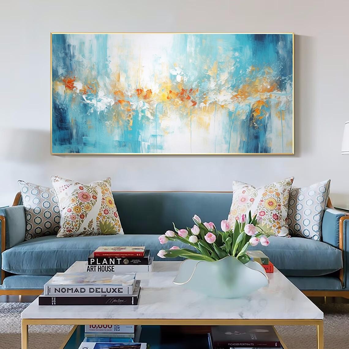 Turquoise Blue Abstract Oil Painting With Golden Amber Accents Poster - Image 3