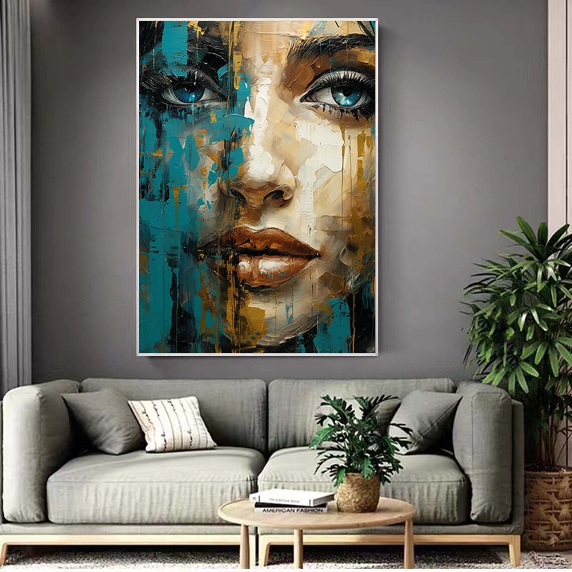 Teal Gold Abstract Woman Face Modern Portrait Blue Eyes Wall Poster - Image 5