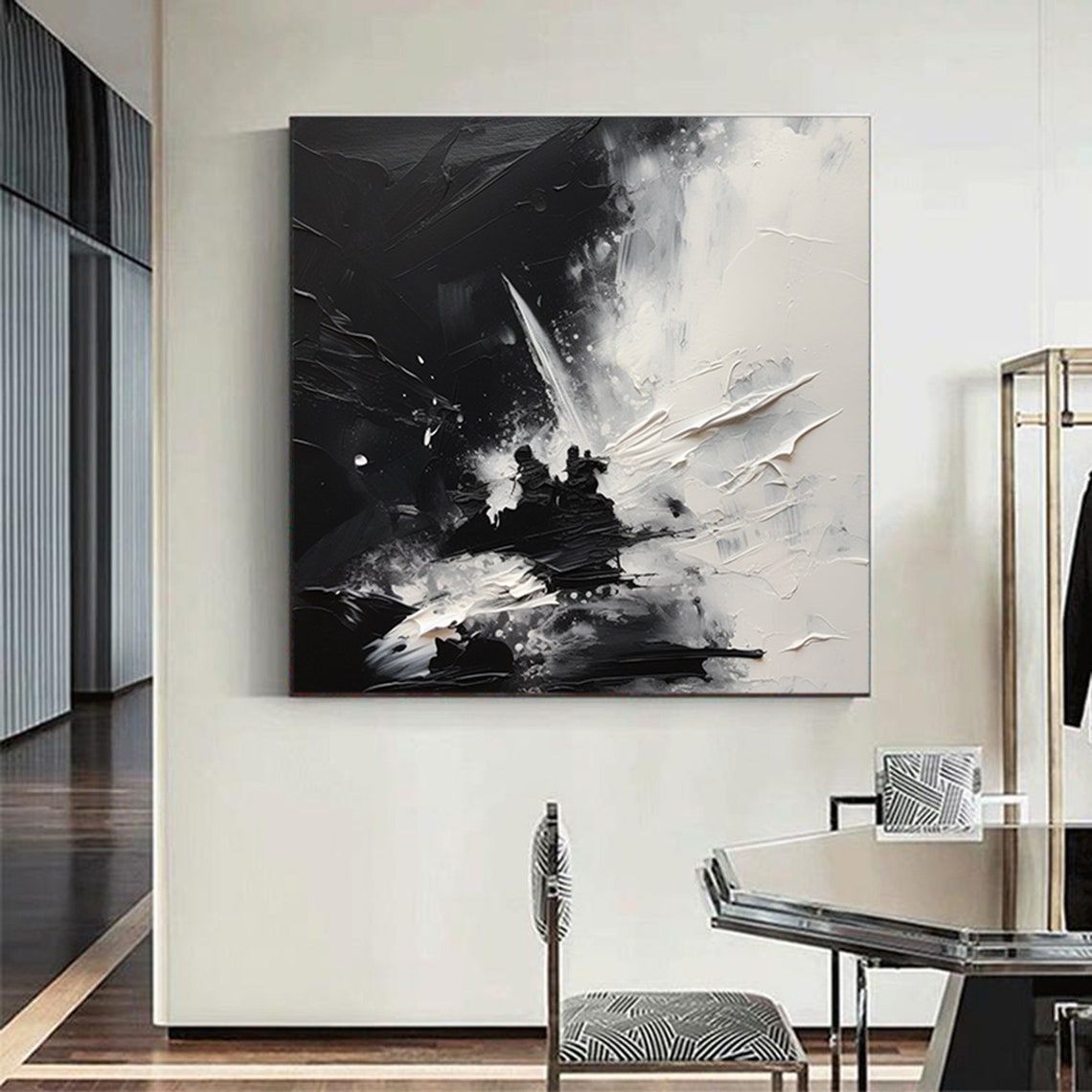 Dramatic Black White Impasto Texture Square Burst Art Poster - Image 7