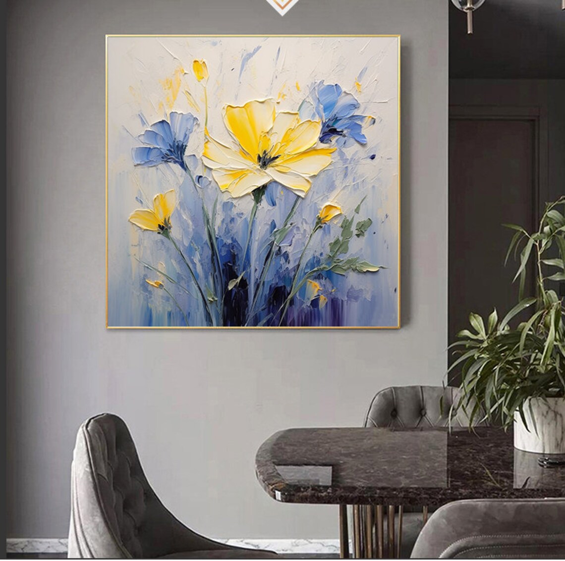 Yellow Spring Flowers and Blue Blooms Palette Knife Oil Poster - Image 5