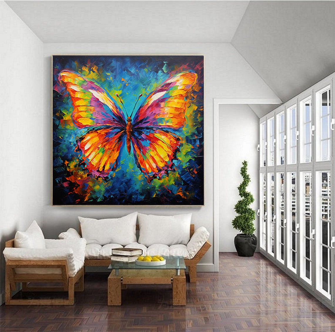 Colorful Butterfly Knife Painting Blue Background Decor Poster - Image 6