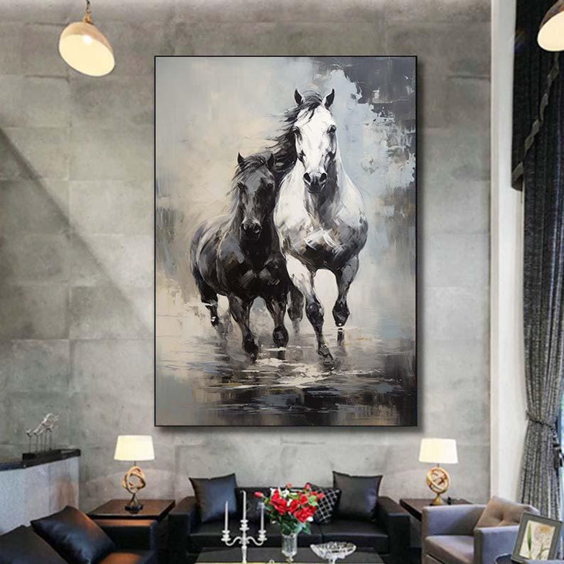 White Black Horse Painting Large Oil Painting Horse Wall Art Horse Abstract Painting Horse Oil Painting Large Office Wall Art - Image 7