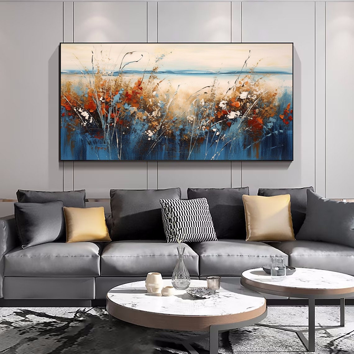 Abstract Blue Red Wildflower Field by the Water Painting Poster - Image 4