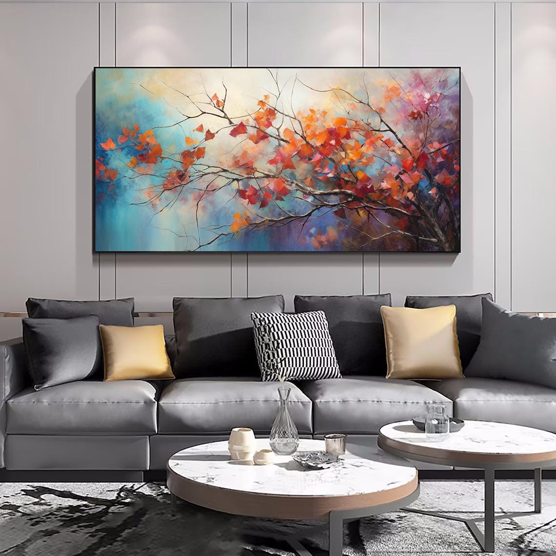 Autumn Branch Red Leaves Blue Teal Horizontal Tree Painting Poster - Image 3
