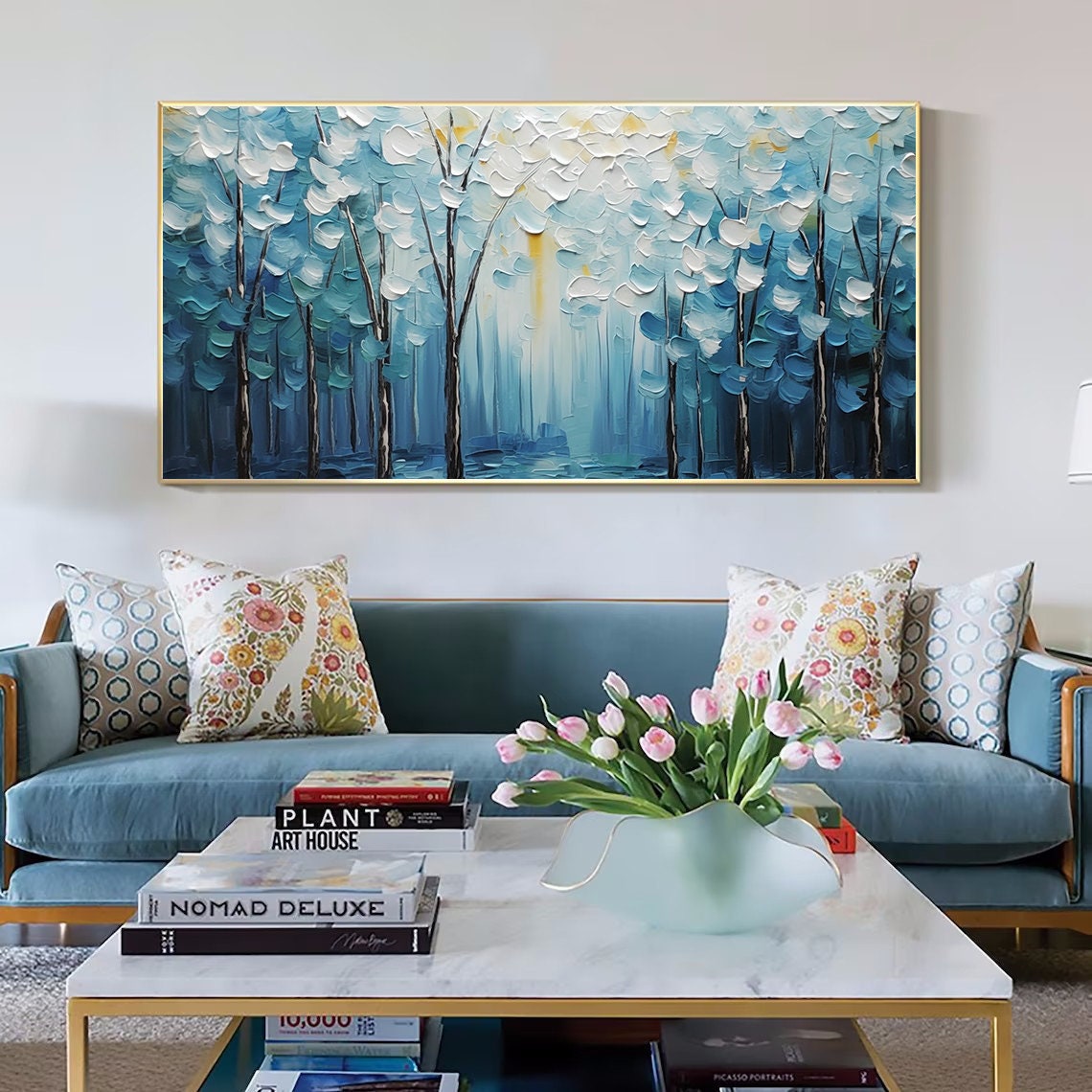 Serene Blue Forest Of Impasto Trees With Pale Treetops Poster - Image 3