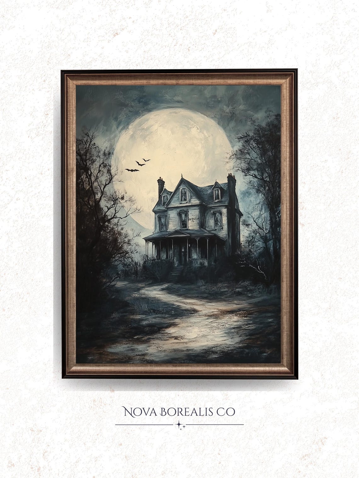 Haunted House Full Moon Poster Vintage Halloween Bats Gothic Night Art