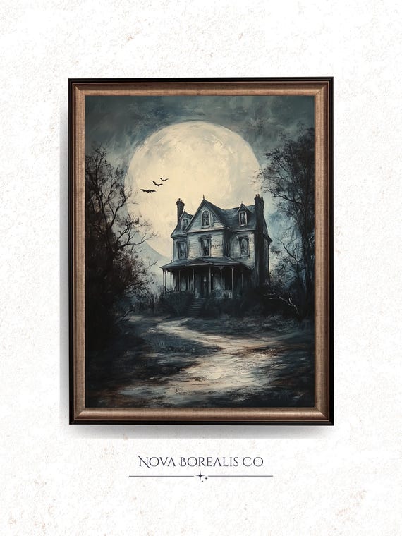 Haunted Victorian House Under Moon Spooky Vintage Halloween Art Eerie Dark Scene Shadowy Trees Instant 42