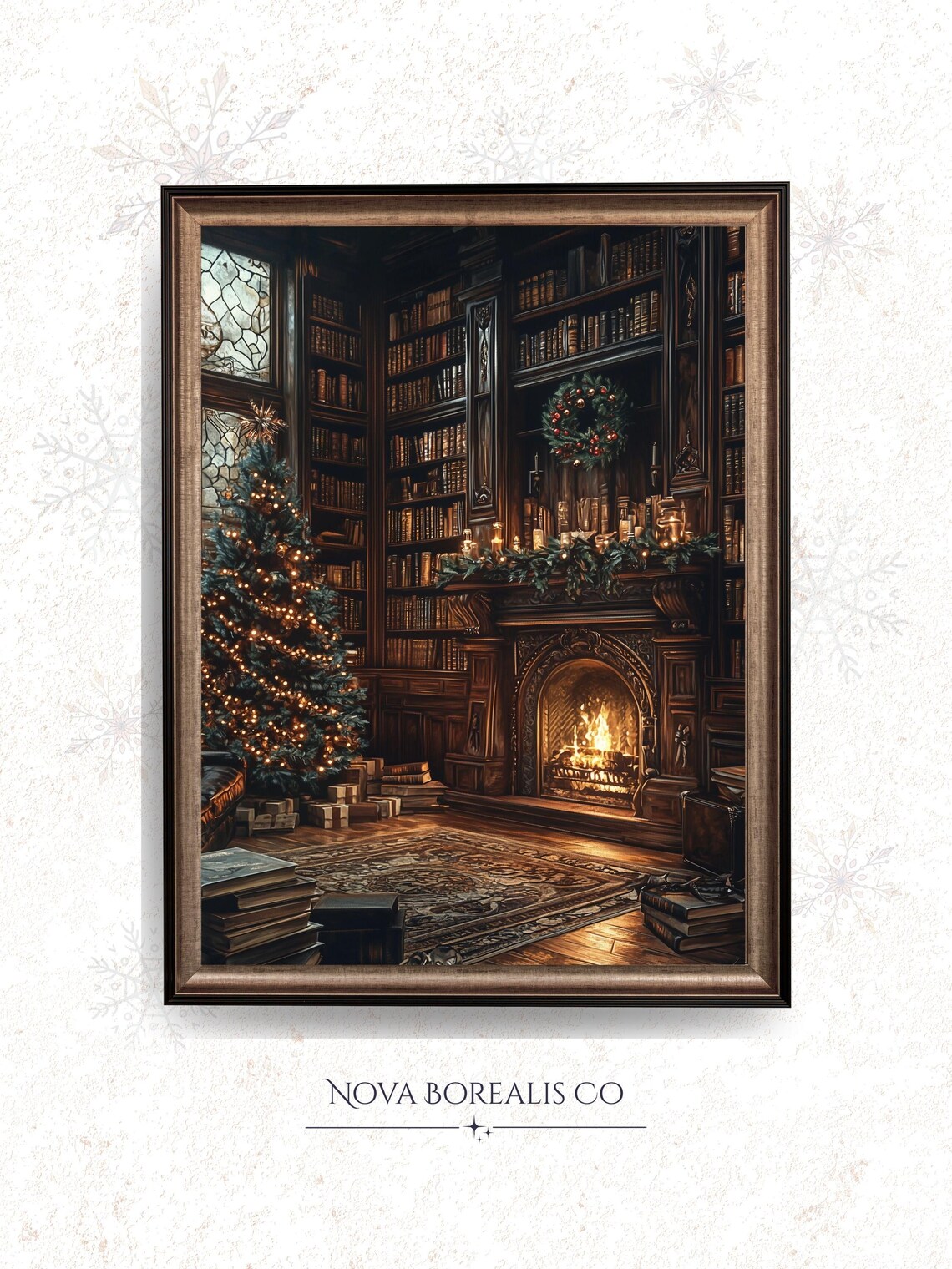 Candlelit Library Christmas Vintage Holiday Art Print