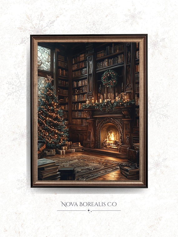 Candlelit Library Christmas Vintage Holiday Art Print