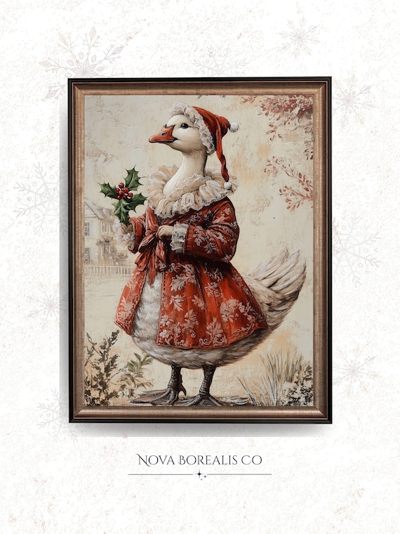 Vintage Christmas Goose in Red Victorian Dress Holding Holly Wall Art