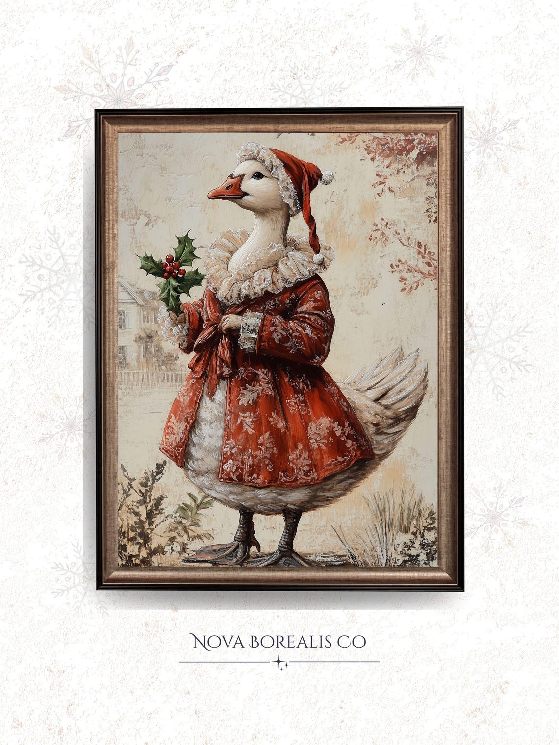 Vintage Christmas Goose in Red Victorian Dress Holding Holly Wall Art
