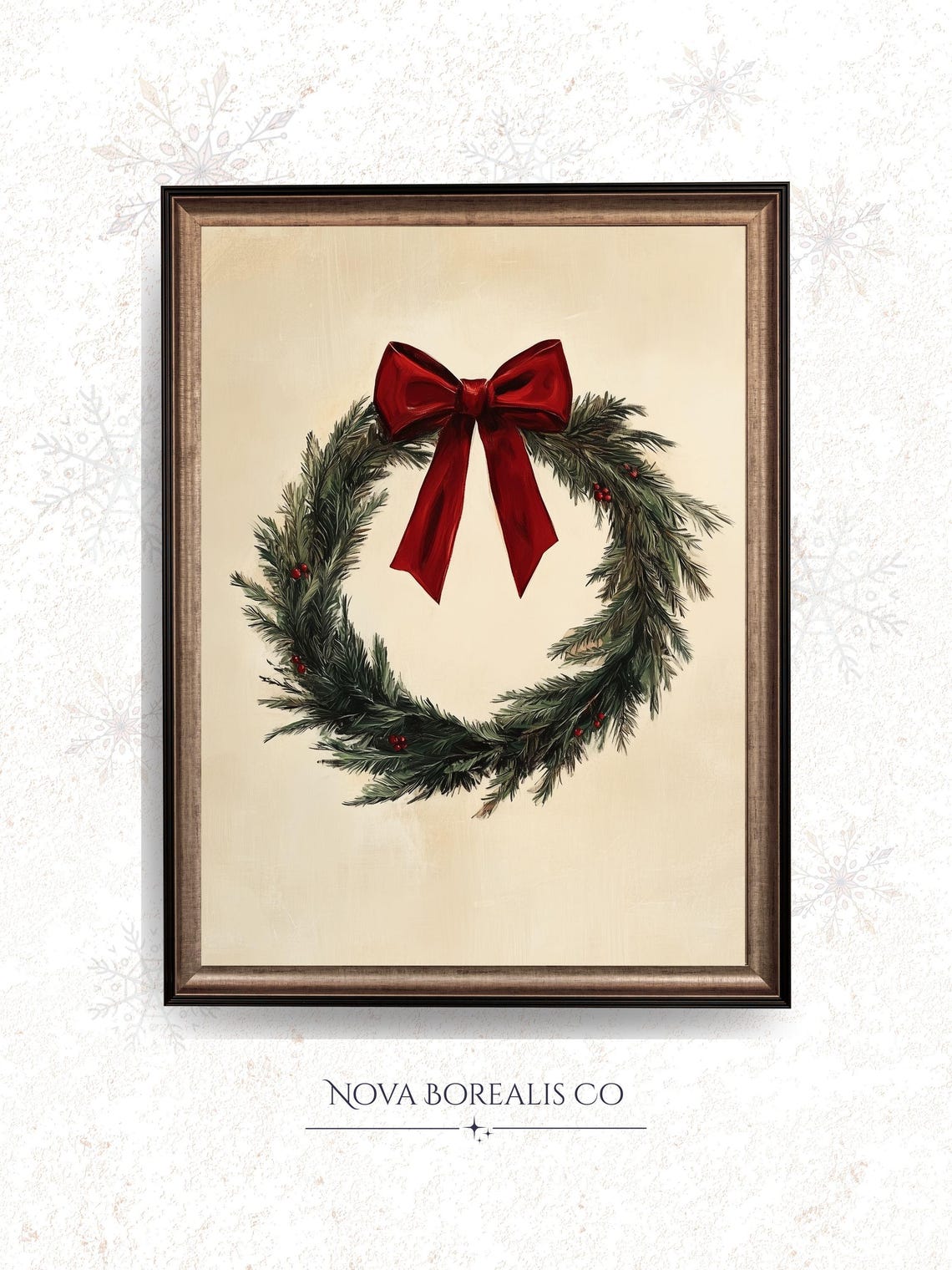 Minimalist Christmas Wreath Evergreen Red Bow Rustic Wall Art