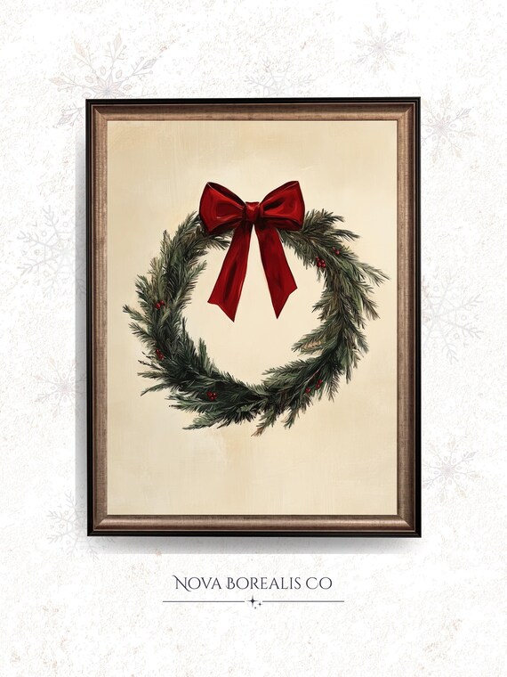 Minimalist Christmas Wreath Evergreen Red Bow Rustic Wall Art