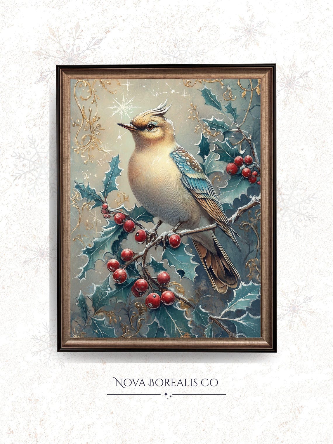 Waxwing Bird On Snowy Holly Branch Vintage Christmas Art Poster