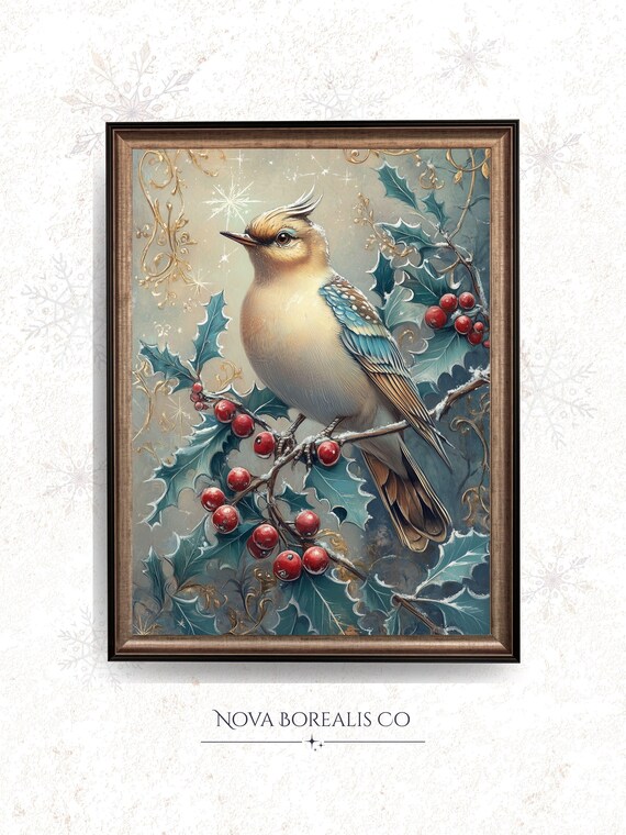 Waxwing Bird On Snowy Holly Branch Vintage Christmas Art Poster