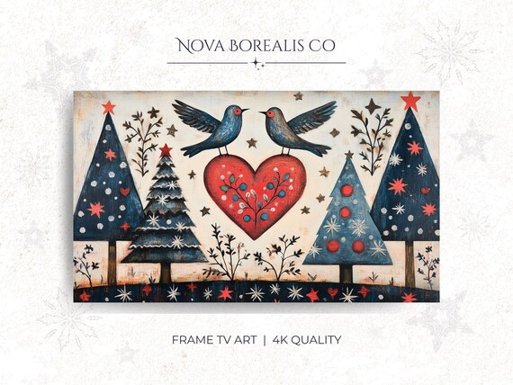 Scandinavian Folk Art Christmas Bluebirds Heart Tree Frame TV Poster