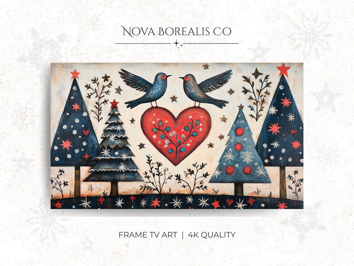 Scandinavian Folk Art Christmas Bluebirds Heart Tree Frame TV Poster