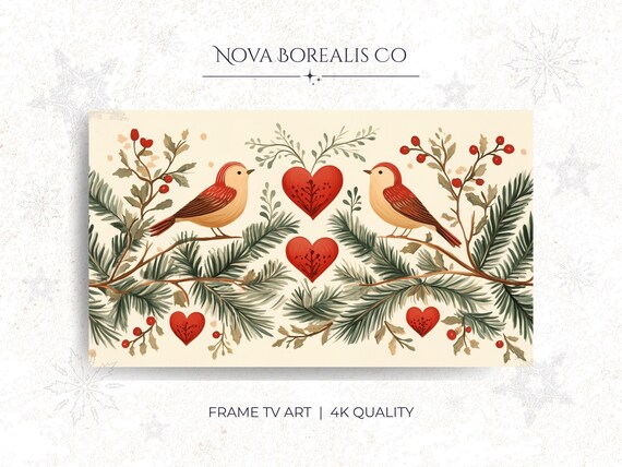 Scandinavian Folk Art Bird Pair Red Hearts Evergreen Christmas Poster