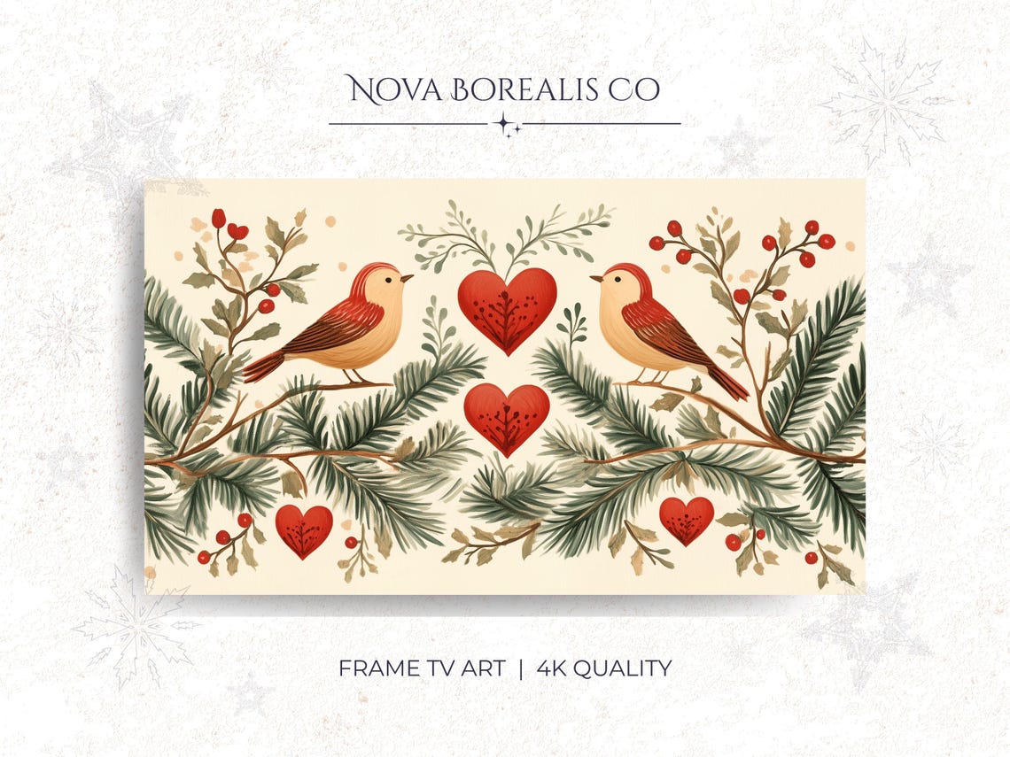 Scandinavian Folk Art Bird Pair Red Hearts Evergreen Christmas Poster