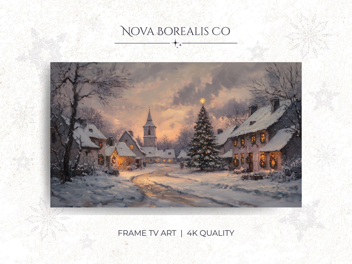 Vintage Winter Village Christmas Church Snow Holiday Art Print