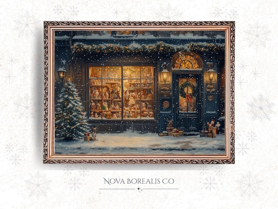 Victorian Christmas Toy Shop Storefront Snowy Night Wall Art