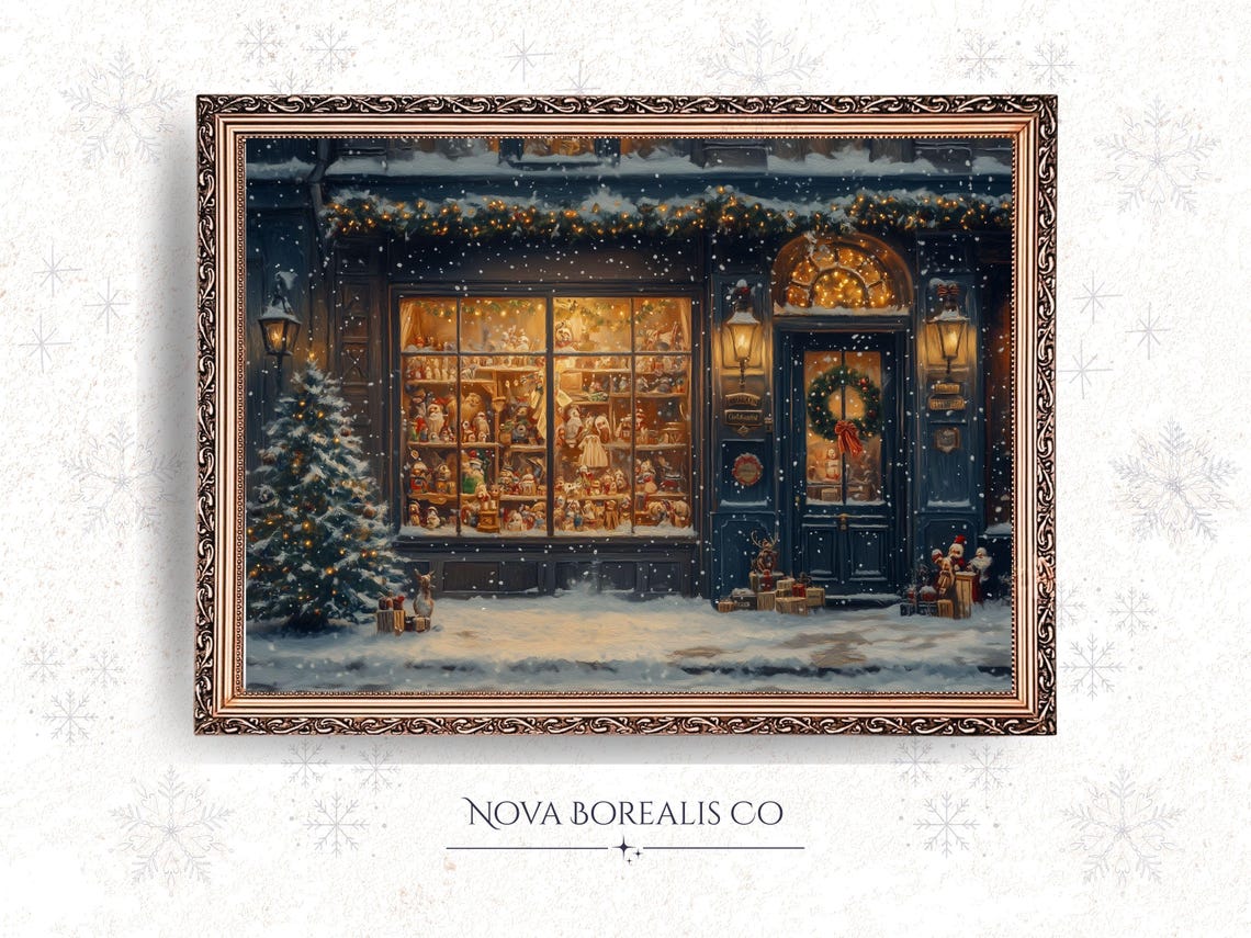 Victorian Christmas Toy Shop Storefront Snowy Night Wall Art