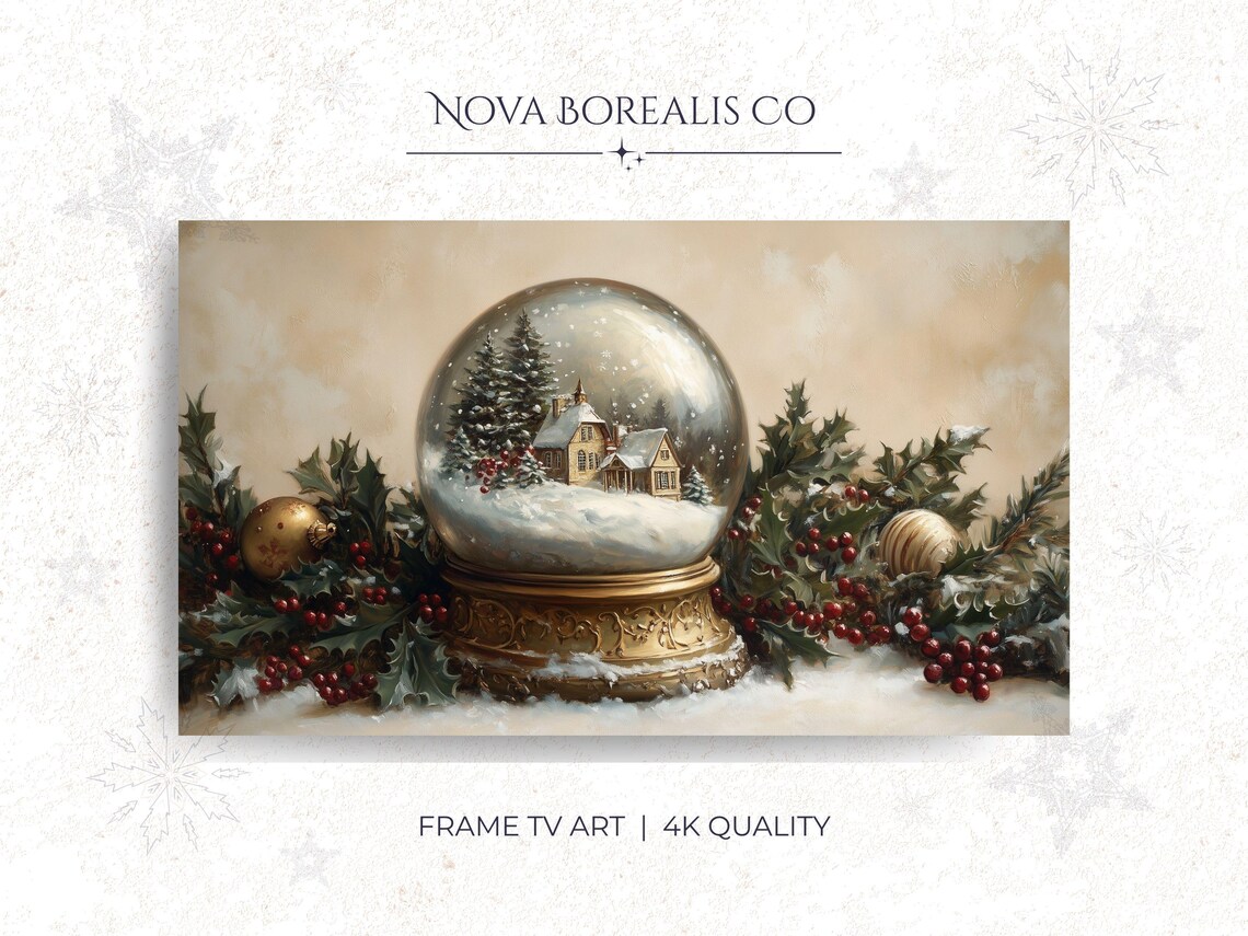 Vintage Christmas Snow Globe Snowy Village House Holly Berries Poster