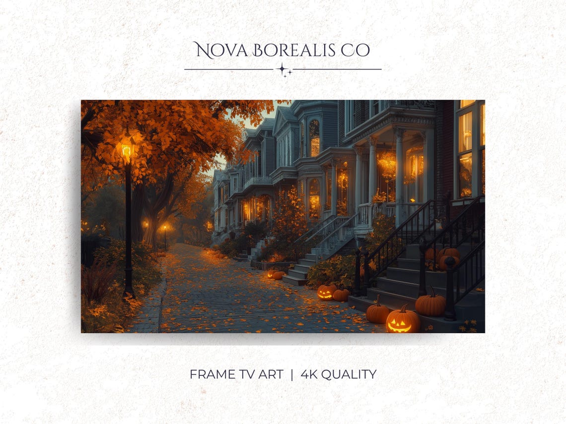 Autumn Street Evening Scene Frame Tv Art Cozy City Walk Decor Pumpkin Lined Fall For 16