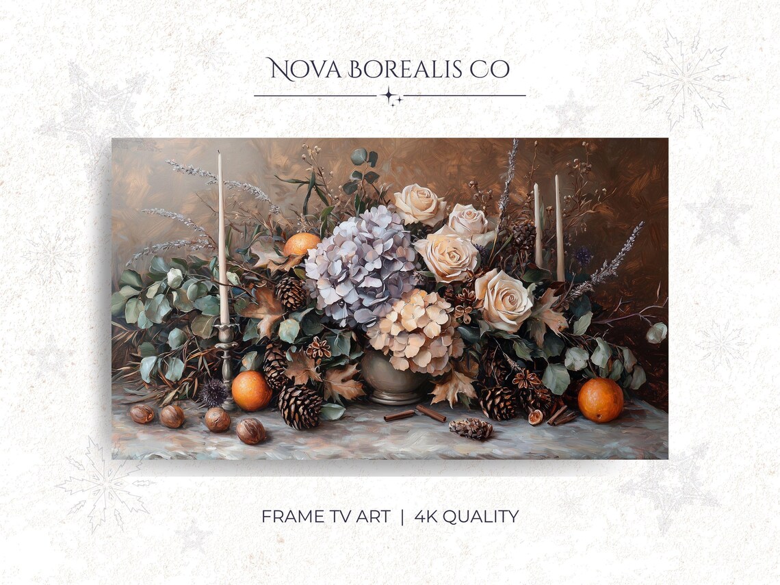 Vintage Christmas Floral Still Life Roses Candles Holiday Art Print