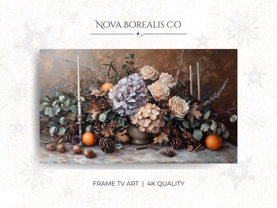 Vintage Christmas Floral Still Life Roses Candles Holiday Art Print