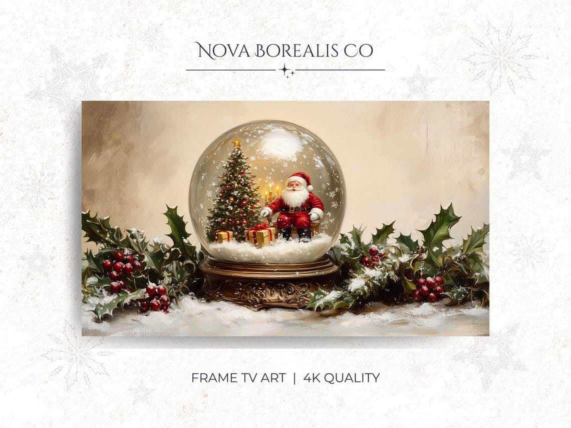 Vintage Christmas Snow Globe With Santa Tree And Holly Holiday Poster