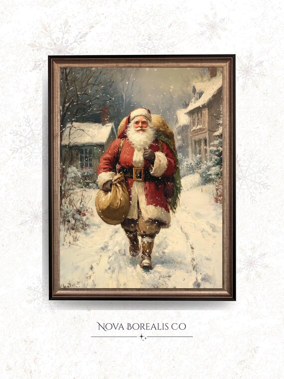 Vintage Santa Claus Walking In Snow Carrying Gifts Art Poster