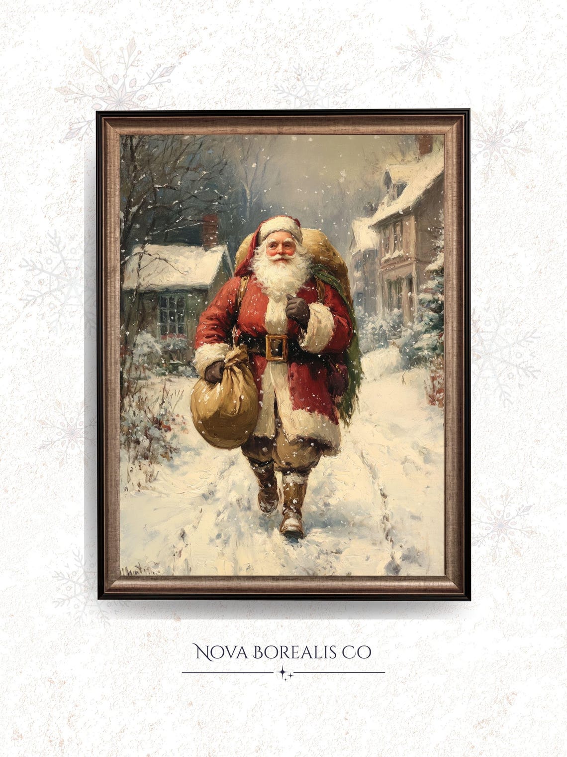 Vintage Santa Claus Walking In Snow Carrying Gifts Art Poster