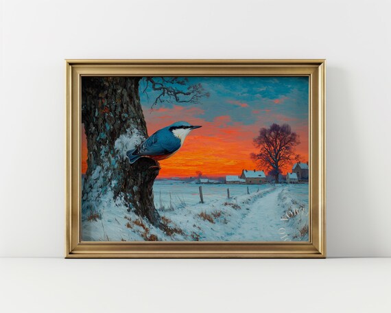 Nuthatch on Snowy Oak at Fiery Sunset Vintage Wildlife Poster