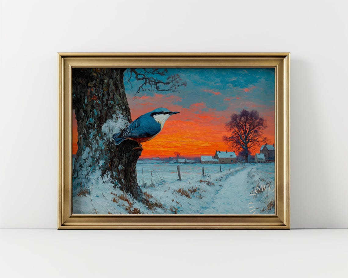 Nuthatch on Snowy Oak at Fiery Sunset Vintage Wildlife Poster