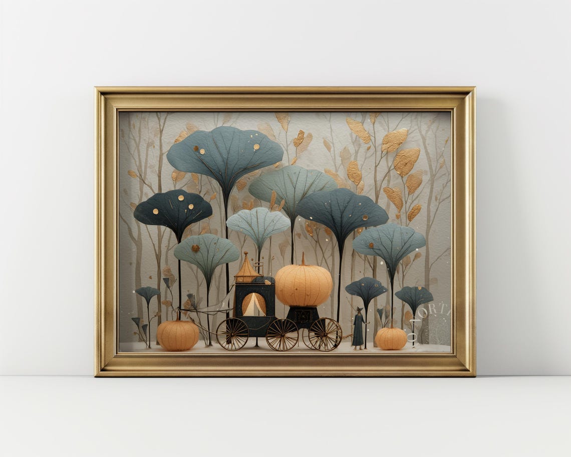 Whimsical Misty Forest Pumpkin Carriage Fairy Tale Autumn Print