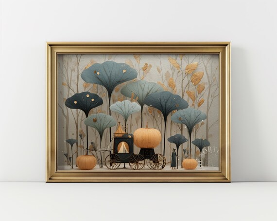 Misty Forest Pumpkin Carriage Print Rustic Autumn Fairy Tale