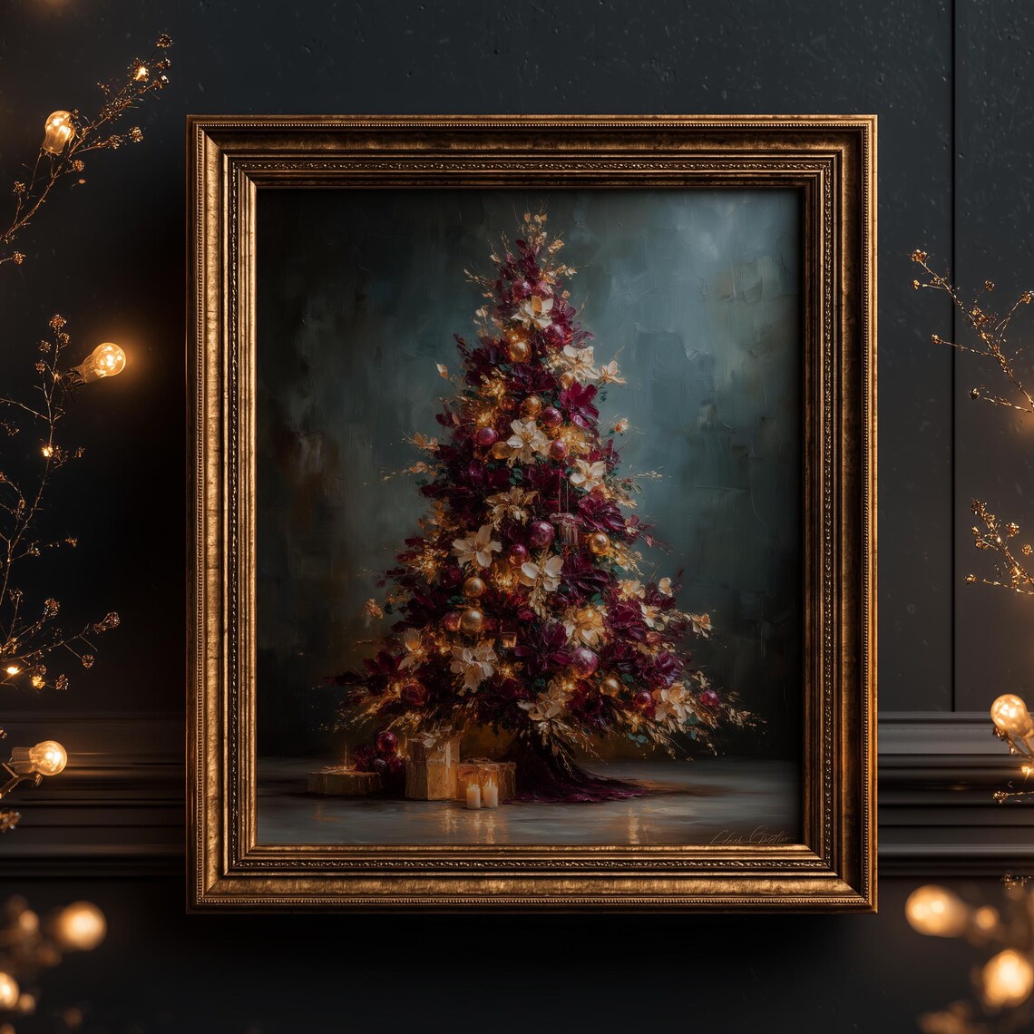 Elegant Grand Christmas Tree Burgundy Gold Festive Art Poster