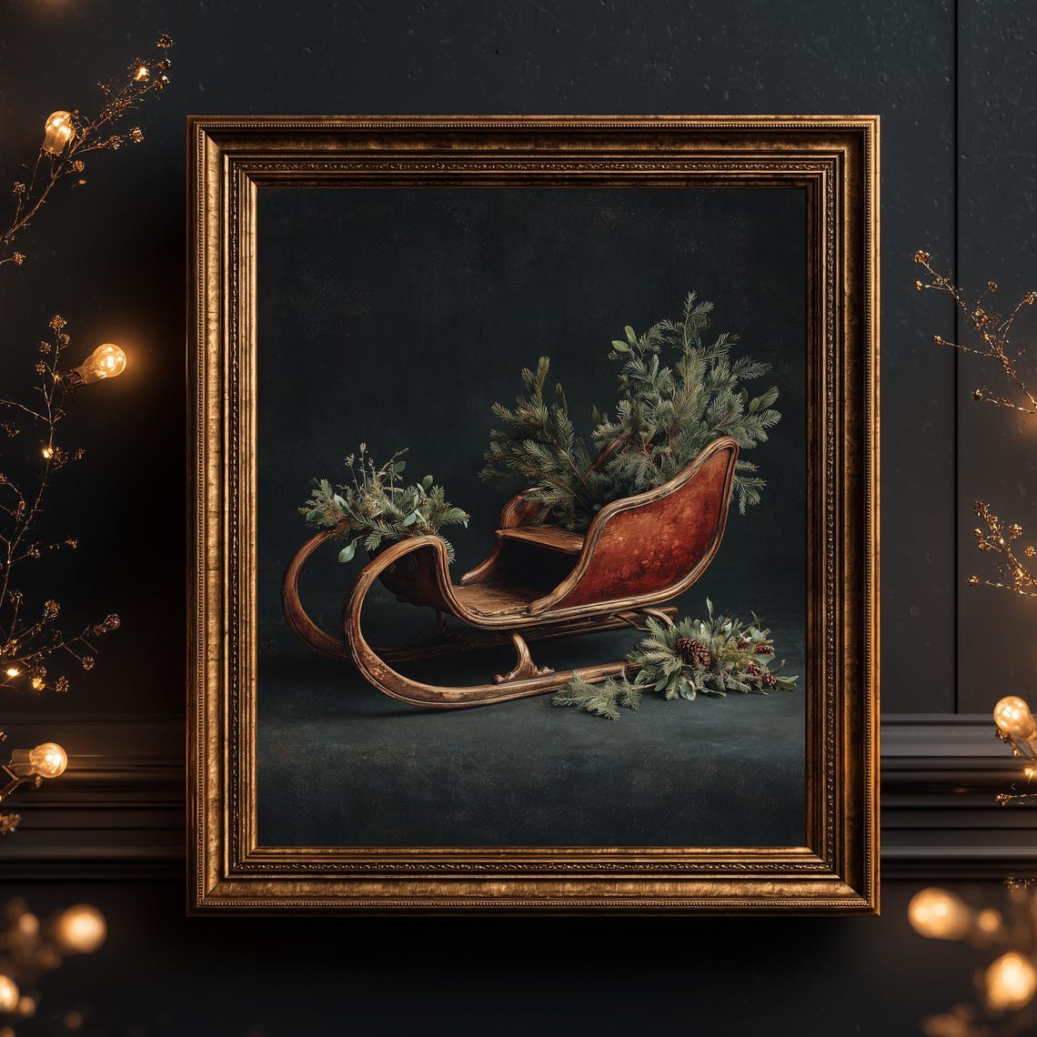 Antique Sleigh Evergreen Pinecones Dark Moody Christmas Poster