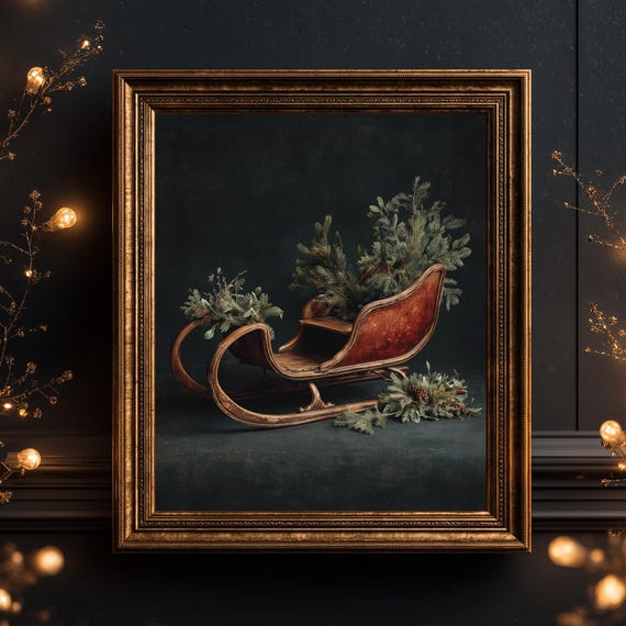 Vintage Wooden Sleigh Print Cosy Holiday Wall Art Rustic Winter Decor Evergreen And Berry Still Life 198