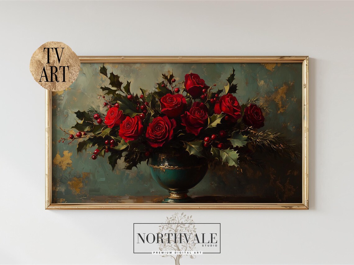 Festive Vintage Holiday Roses and Holly Art Print