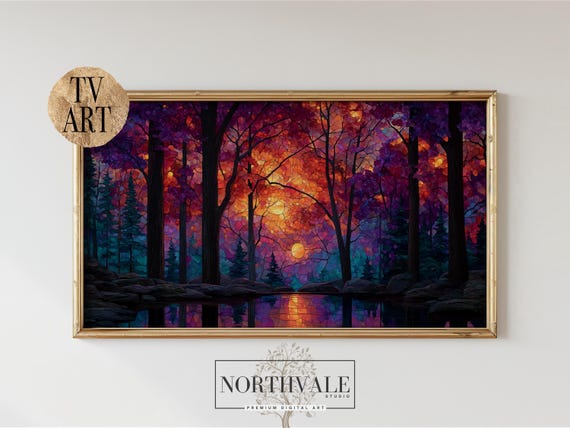 Autumnal Sunset Frame Tv Art Stained Glass Effect Vibrant Moody Fall Scene Glowing Sun And Trees Artwork 145