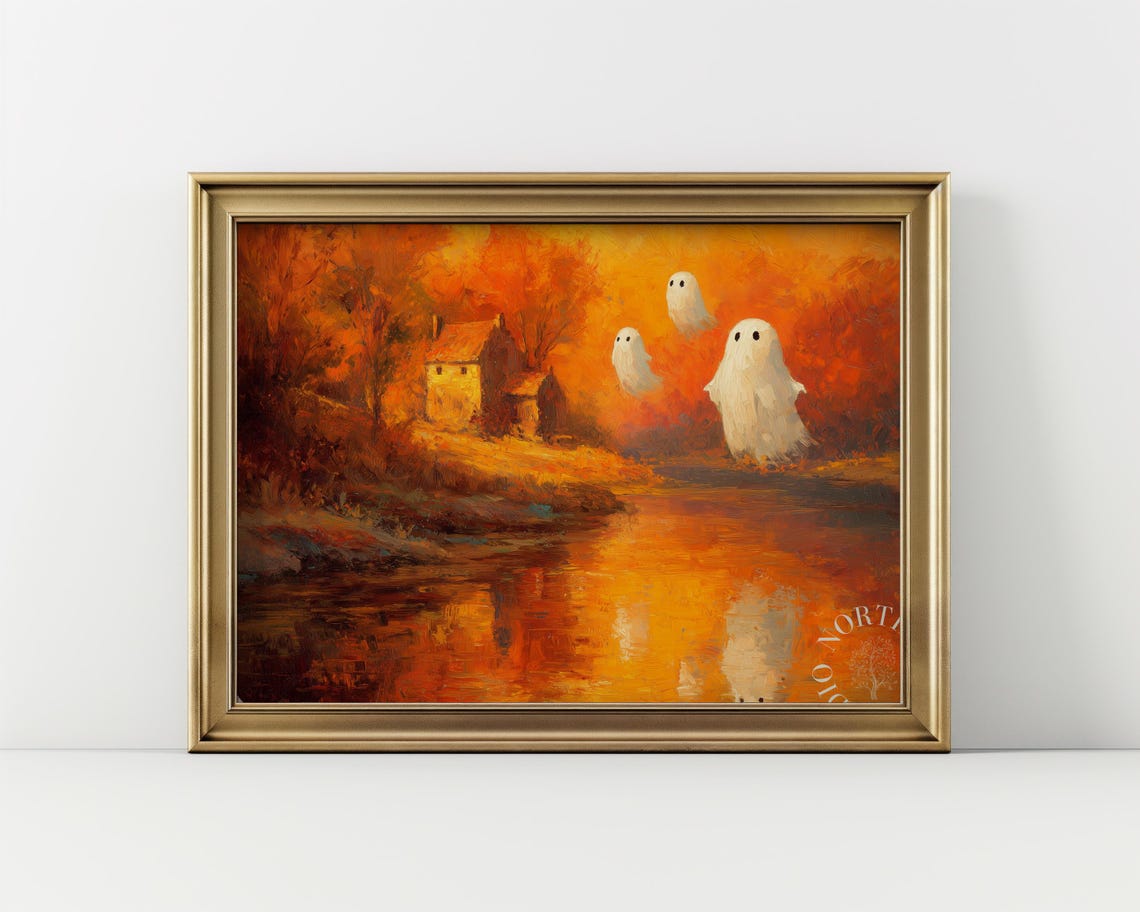 Autumn Lake Flying Chibi Ghosts Orange Foliage Halloween Print