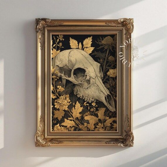 Dark Academia Skull Art Vintage Wall Decor Copperplate Engraving Style Rustic Nature Print Moody Autumn Foliage 61