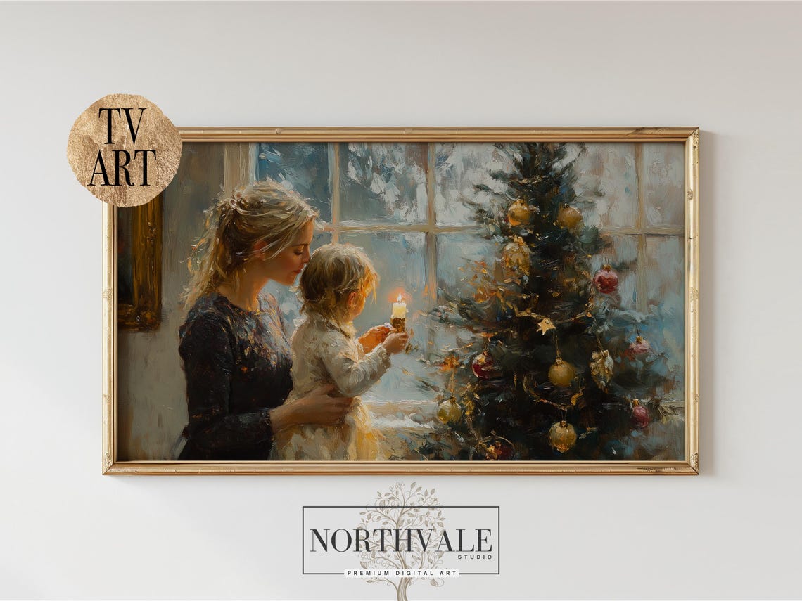 Mother And Child Christmas Tree Candle Painterly Holiday Poster