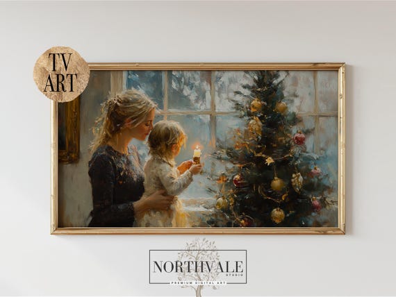 Cozy Christmas Frame Tv Art Mother And Child Decorating Tree Impressionist Wall Festive Glow Traditional Holiday Decor 173