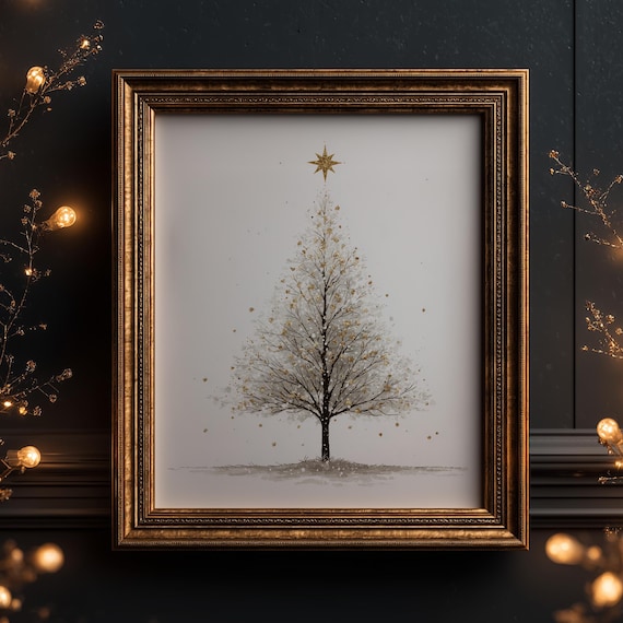 Minimalist Christmas Tree Watercolor Gold Star Elegant Art Poster
