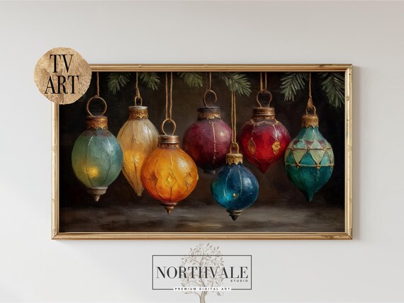 Colorful Glass Christmas Baubles Dark Background Oil Art Poster