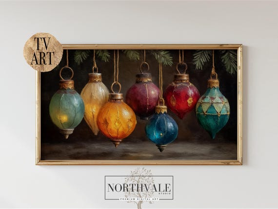 Vintage Christmas Ornaments Tv Art Rustic Holiday Decor Samsung Frame Festive Painting Cosy Home Wall 189