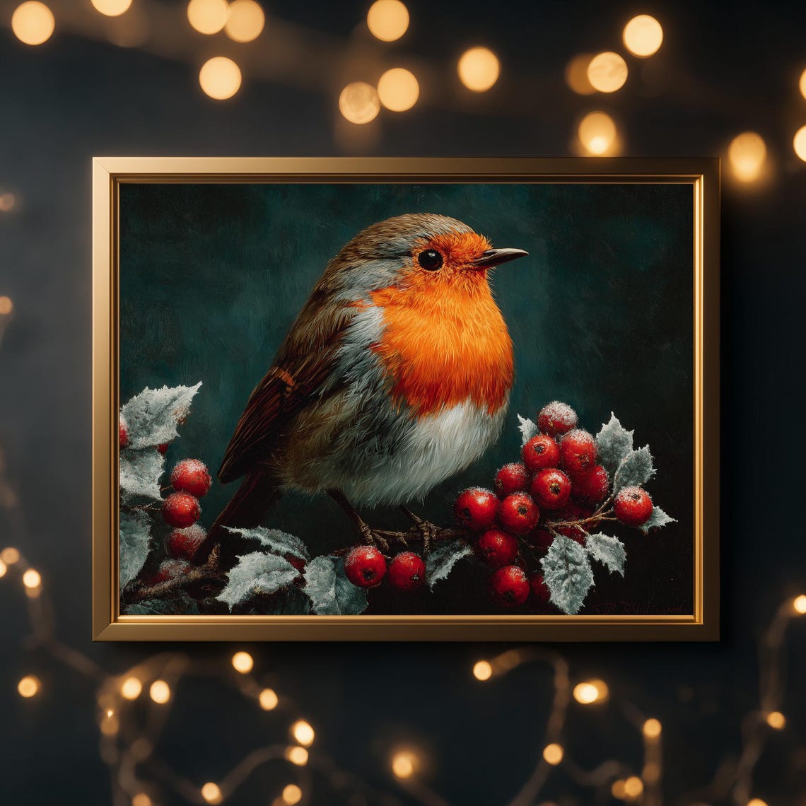 Robin On Frosted Branch Festive Winter Wall Art Vintage Bird Painting Rustic Christmas Decor Holiday 200